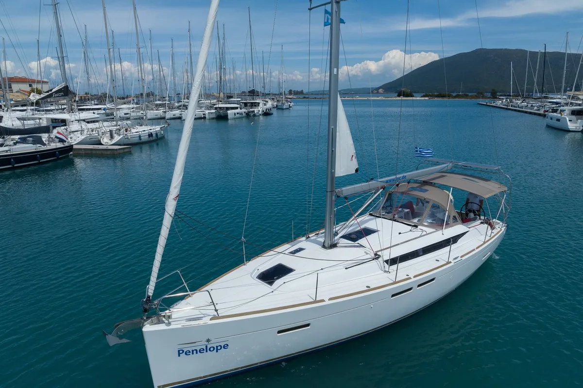 Exterior view of Penelope, a Jeanneau Sun Odyssey 419 sailboat at Municipal Unit of Lefkada, Greece