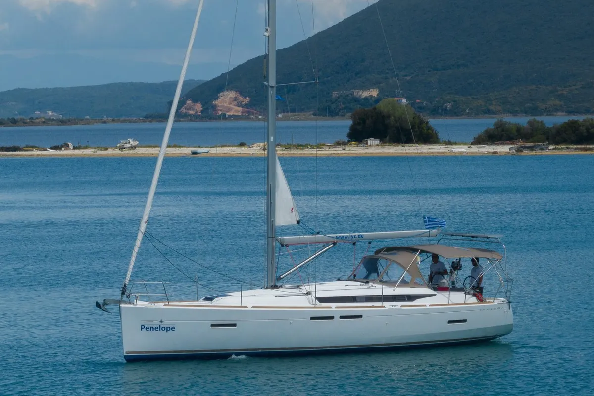 Exterior view of Penelope, a Jeanneau Sun Odyssey 419 sailboat at Municipal Unit of Lefkada, Greece