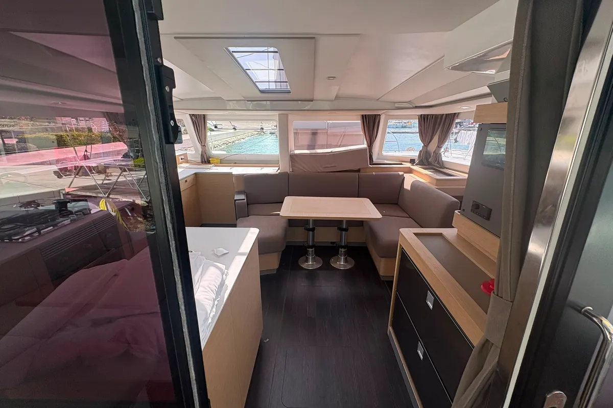 Salon of Lizzie, a Fountaine Pajot FP 44 Quatuor catamaran at Trogir, Croatia