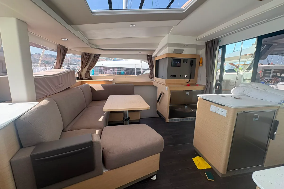 Salon of Lizzie, a Fountaine Pajot FP 44 Quatuor catamaran at Trogir, Croatia