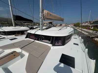 Deck of Lizzie, a Fountaine Pajot FP 44 Quatuor catamaran at Trogir, Croatia