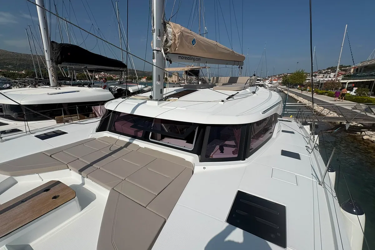 Deck of Lizzie, a Fountaine Pajot FP 44 Quatuor catamaran at Trogir, Croatia
