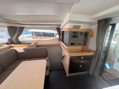 Salon of Lizzie, a Fountaine Pajot FP 44 Quatuor catamaran at Trogir, Croatia