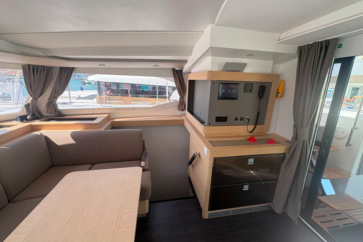 Salon of Lizzie, a Fountaine Pajot FP 44 Quatuor catamaran at Trogir, Croatia