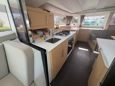 Galley of Lizzie, a Fountaine Pajot FP 44 Quatuor catamaran at Trogir, Croatia