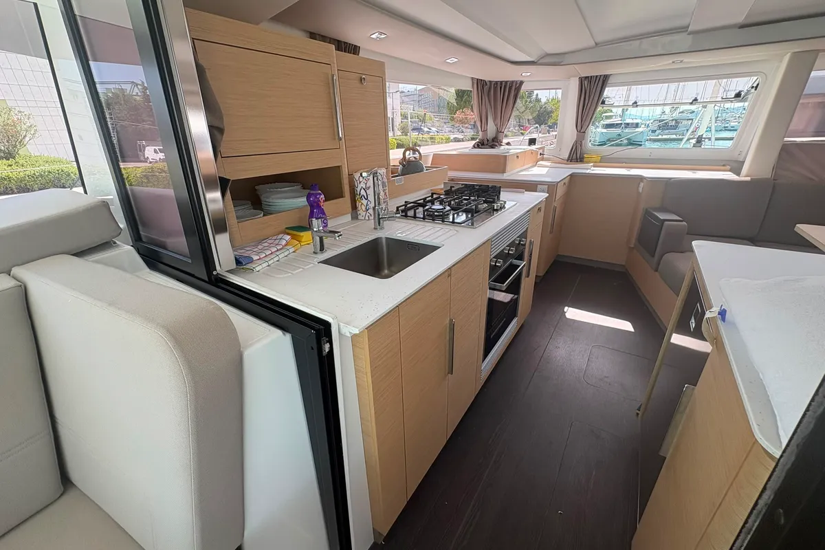 Galley of Lizzie, a Fountaine Pajot FP 44 Quatuor catamaran at Trogir, Croatia