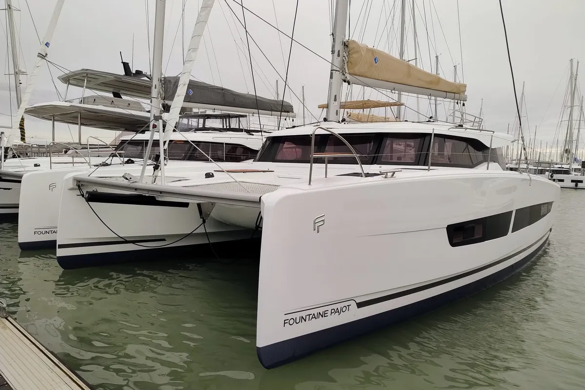 Lizzie, a Fountaine Pajot FP 44 Quatuor catamaran at Grad Trogir, Croatia