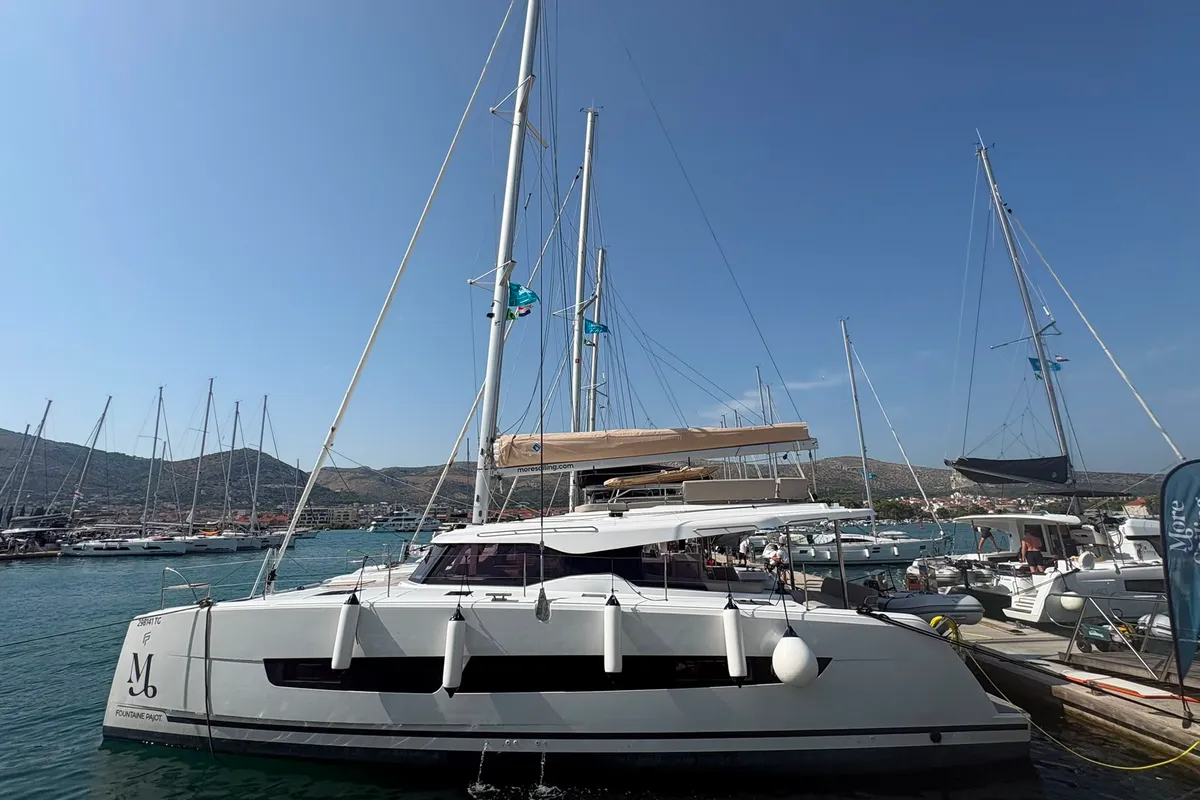 Exterior view of Lizzie, a Fountaine Pajot FP 44 Quatuor catamaran at Trogir, Croatia