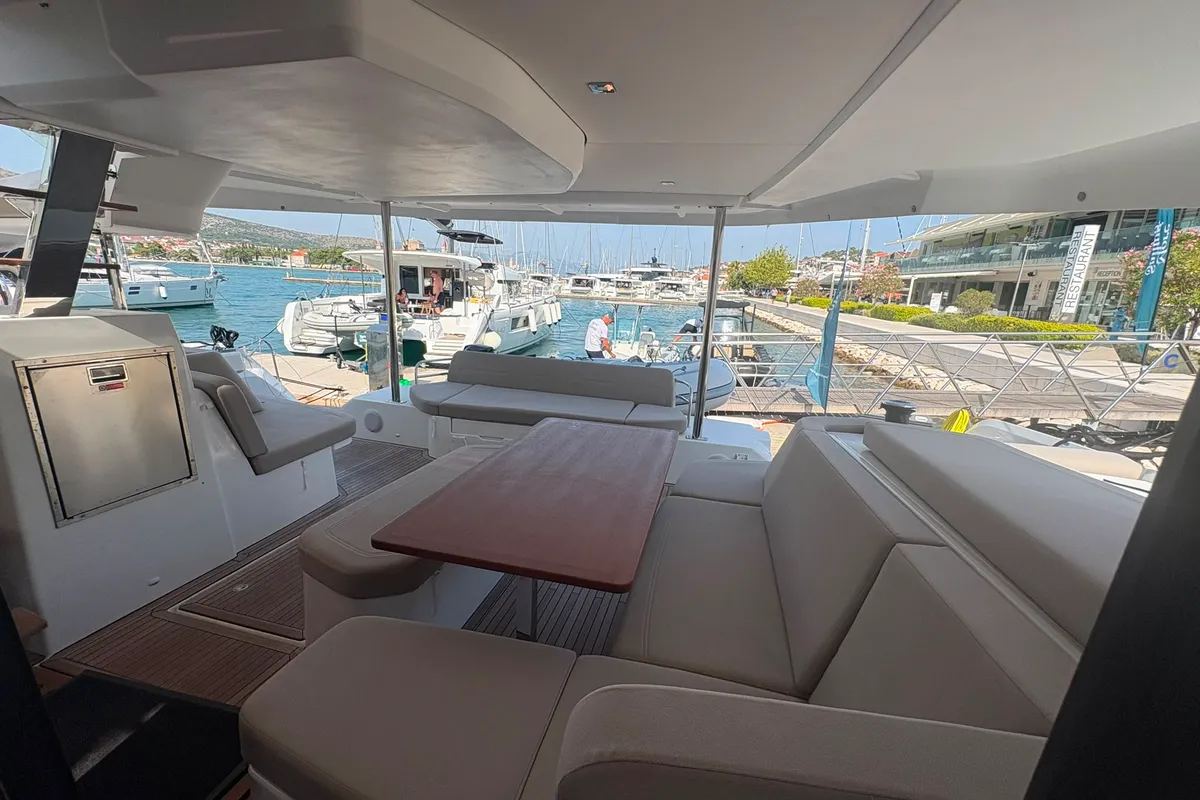 Deck of Lizzie, a Fountaine Pajot FP 44 Quatuor catamaran at Trogir, Croatia