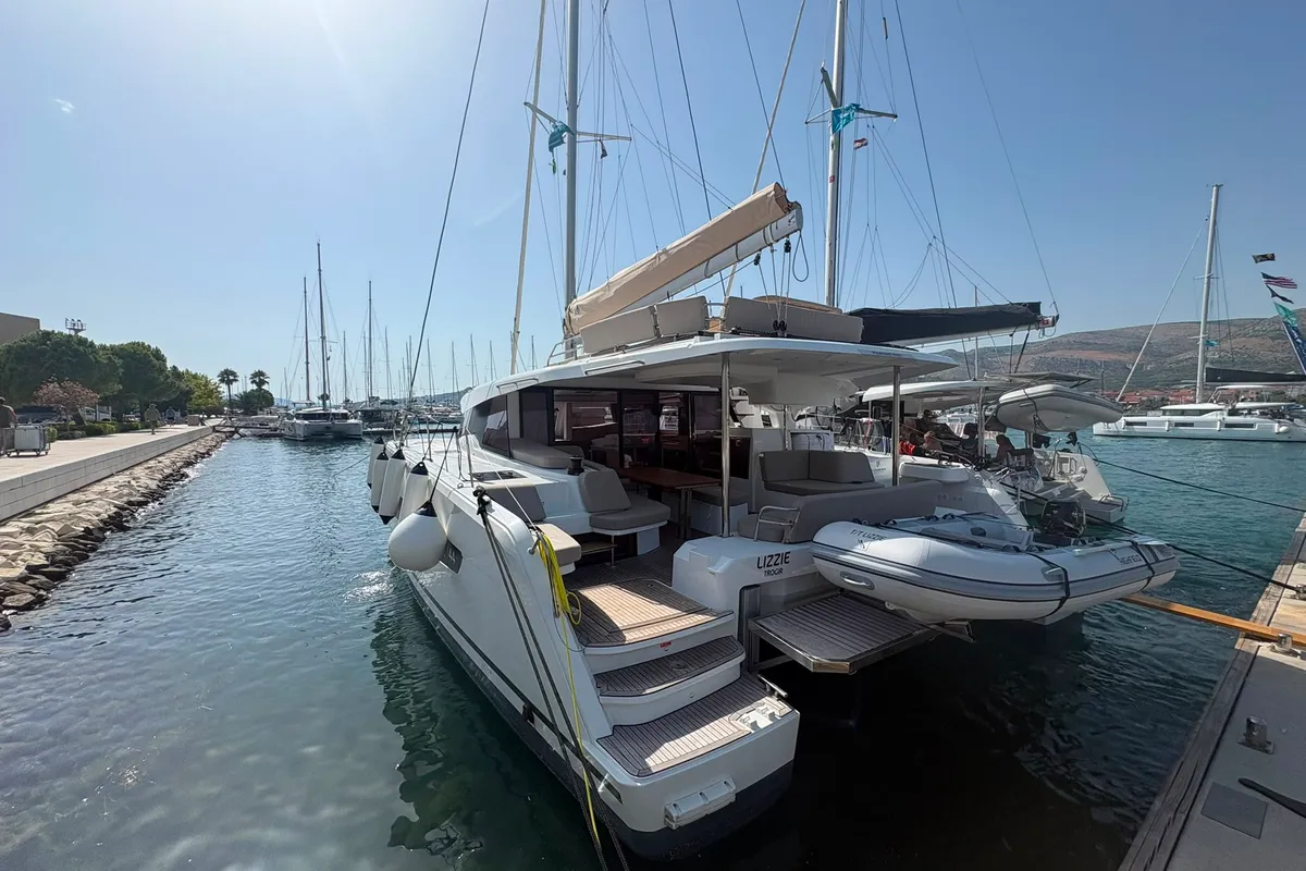Exterior view of Lizzie, a Fountaine Pajot FP 44 Quatuor catamaran at Trogir, Croatia