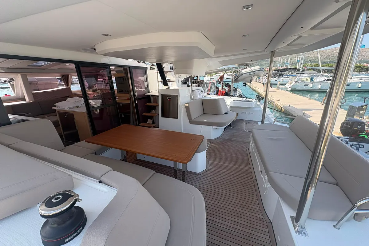 Deck of Lizzie, a Fountaine Pajot FP 44 Quatuor catamaran at Trogir, Croatia