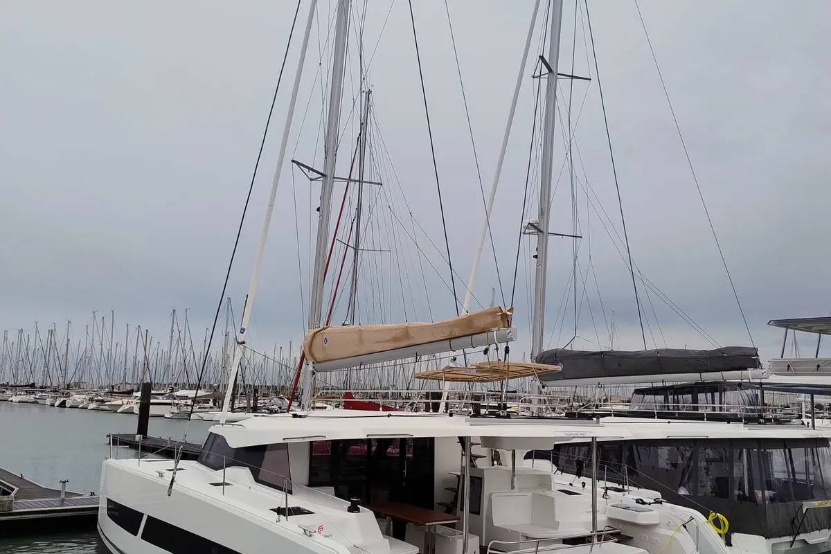 Lizzie, a Fountaine Pajot FP 44 Quatuor catamaran at Grad Trogir, Croatia