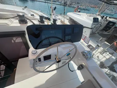 Cockpit of Lizzie, a Fountaine Pajot FP 44 Quatuor catamaran at Trogir, Croatia