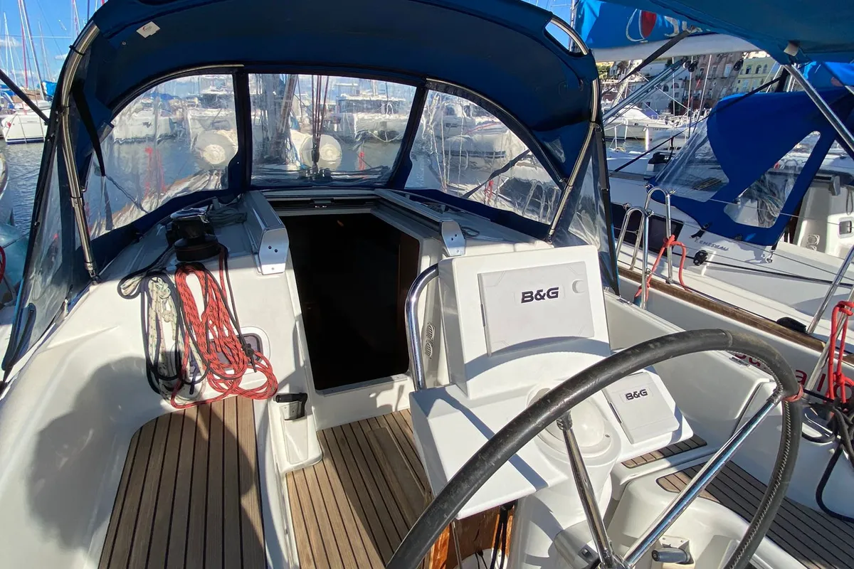 Cockpit of Felix, a Beneteau Oceanis 31 sailboat at Procida, Italy