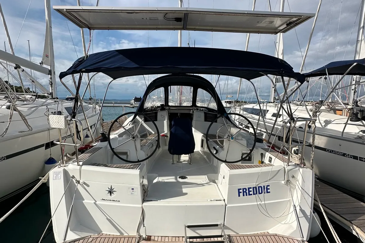 Cockpit of Freddie, a Jeanneau Sun Odyssey 389 sailboat at Pakoštane, Croatia