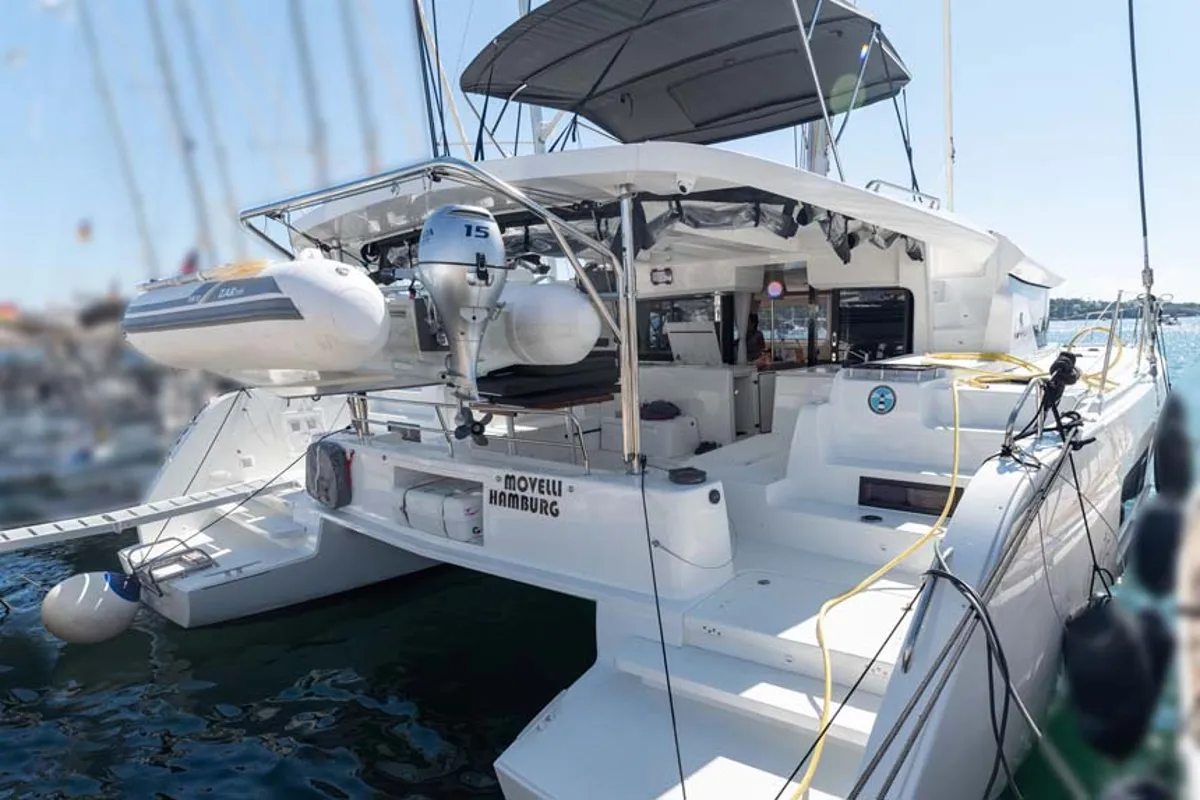 Exterior view of Movelli, a Lagoon 46 catamaran at Felanitx, Spain