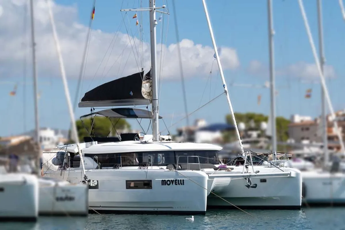 Exterior view of Movelli, a Lagoon 46 catamaran at Felanitx, Spain