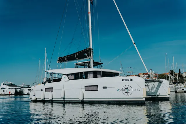 Exterior view of ZETA, a Lagoon 42 catamaran at Grad Šibenik, Croatia