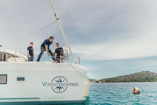 Exterior view of ZETA, a Lagoon 42 catamaran at Grad Šibenik, Croatia