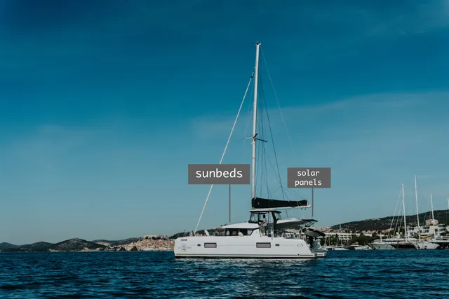 Exterior view of ZETA, a Lagoon 42 catamaran at Grad Šibenik, Croatia