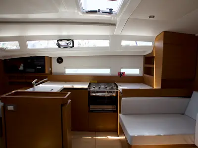 Galley of Eugenia, a Jeanneau Sun Odyssey 410 sailboat at Skiathos, Greece