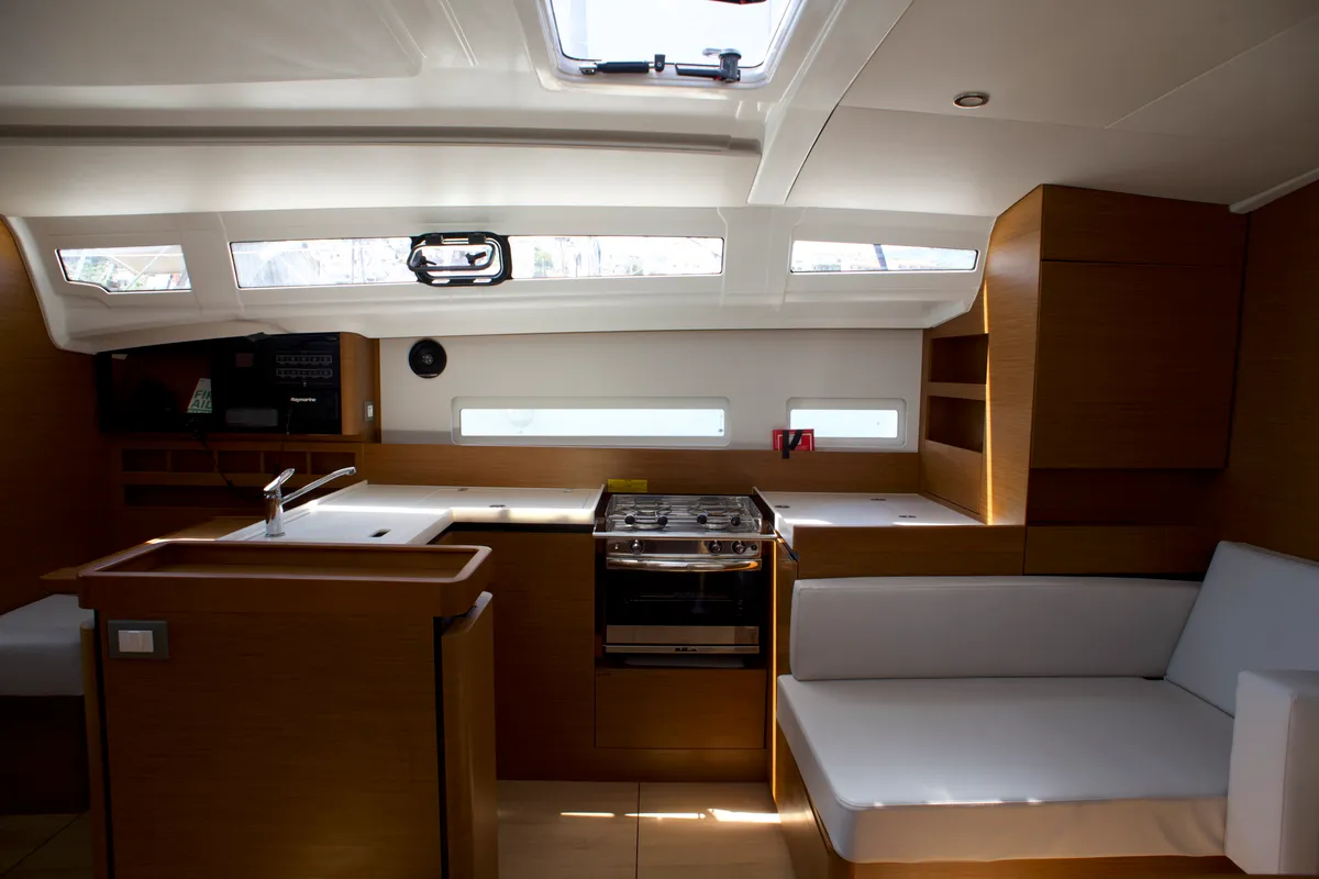 Galley of Eugenia, a Jeanneau Sun Odyssey 410 sailboat at Skiathos, Greece