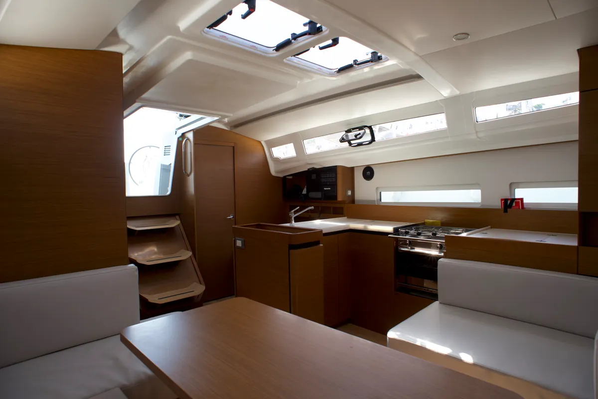 Galley of Eugenia, a Jeanneau Sun Odyssey 410 sailboat at Skiathos, Greece