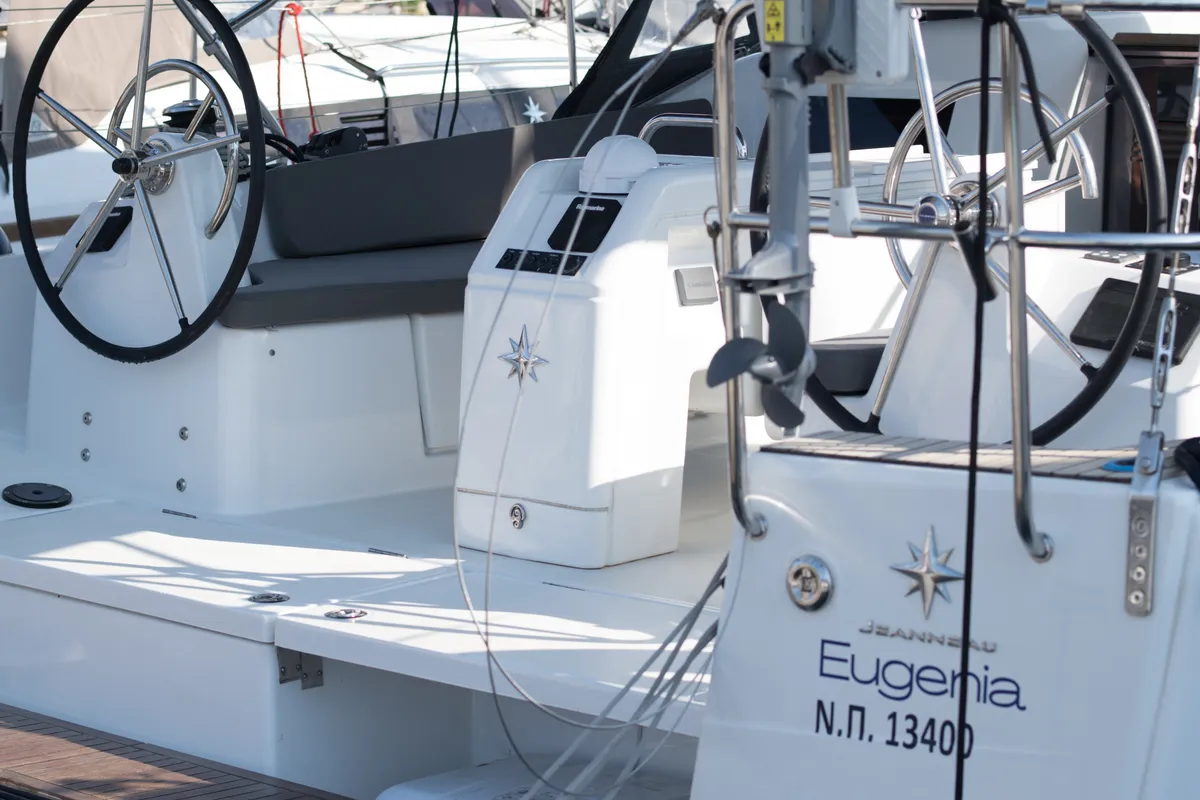 Exterior view of Eugenia, a Jeanneau Sun Odyssey 410 sailboat at Skiathos, Greece