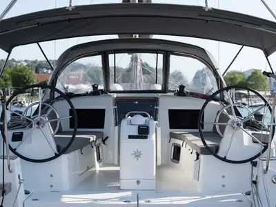Cockpit of Eugenia, a Jeanneau Sun Odyssey 410 sailboat at Skiathos, Greece