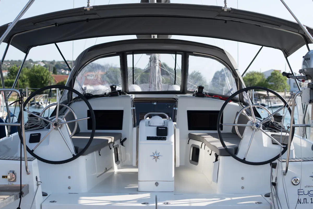 Cockpit of Eugenia, a Jeanneau Sun Odyssey 410 sailboat at Skiathos, Greece