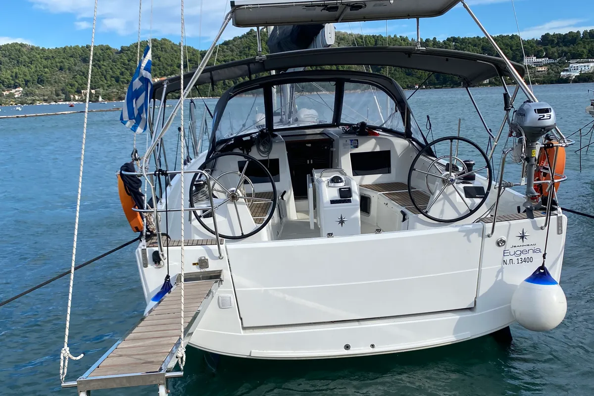 Exterior view of Eugenia, a Jeanneau Sun Odyssey 410 sailboat at Skiathos, Greece