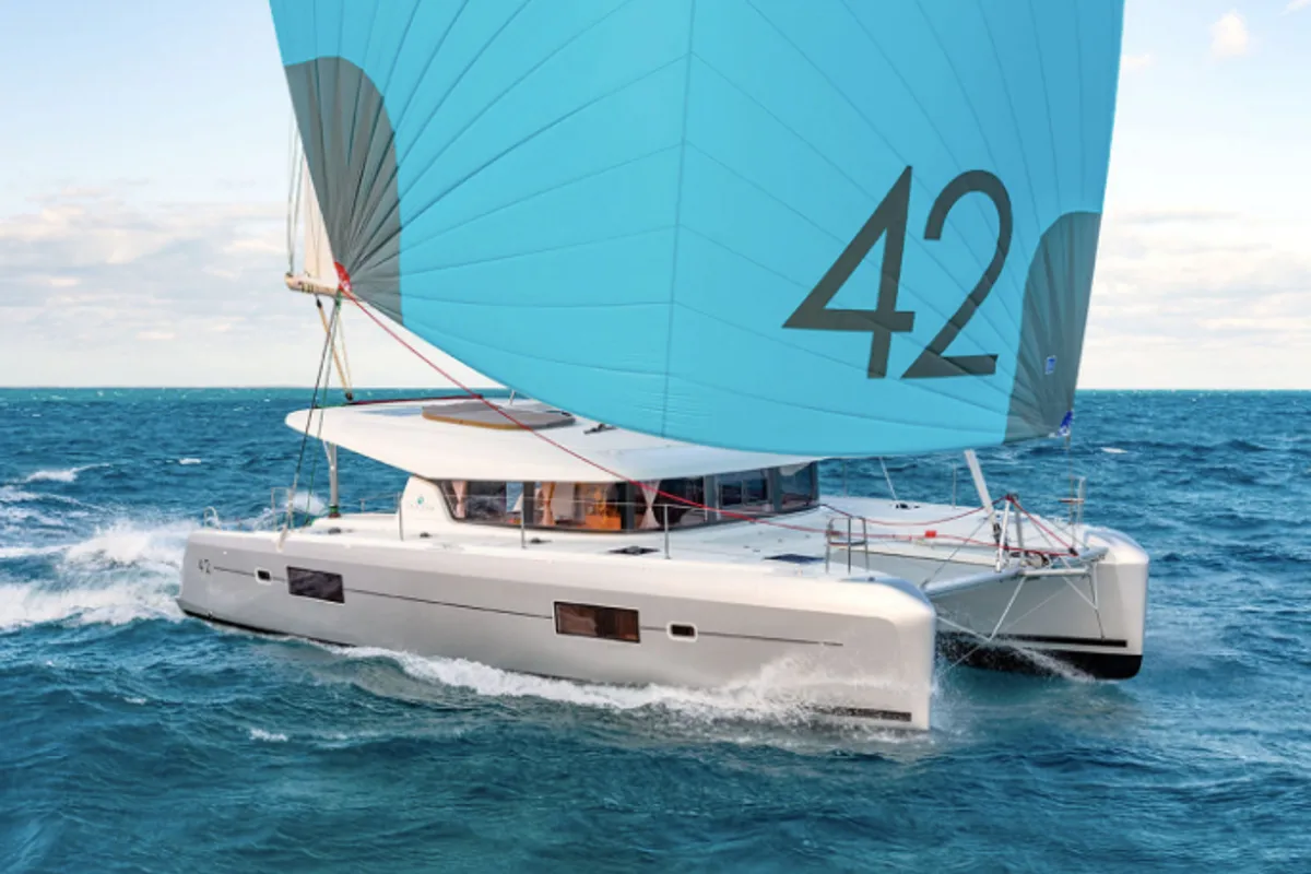 Exterior view of Ivan Nonno, a Lagoon 42 catamaran at Marmaris, Turkey