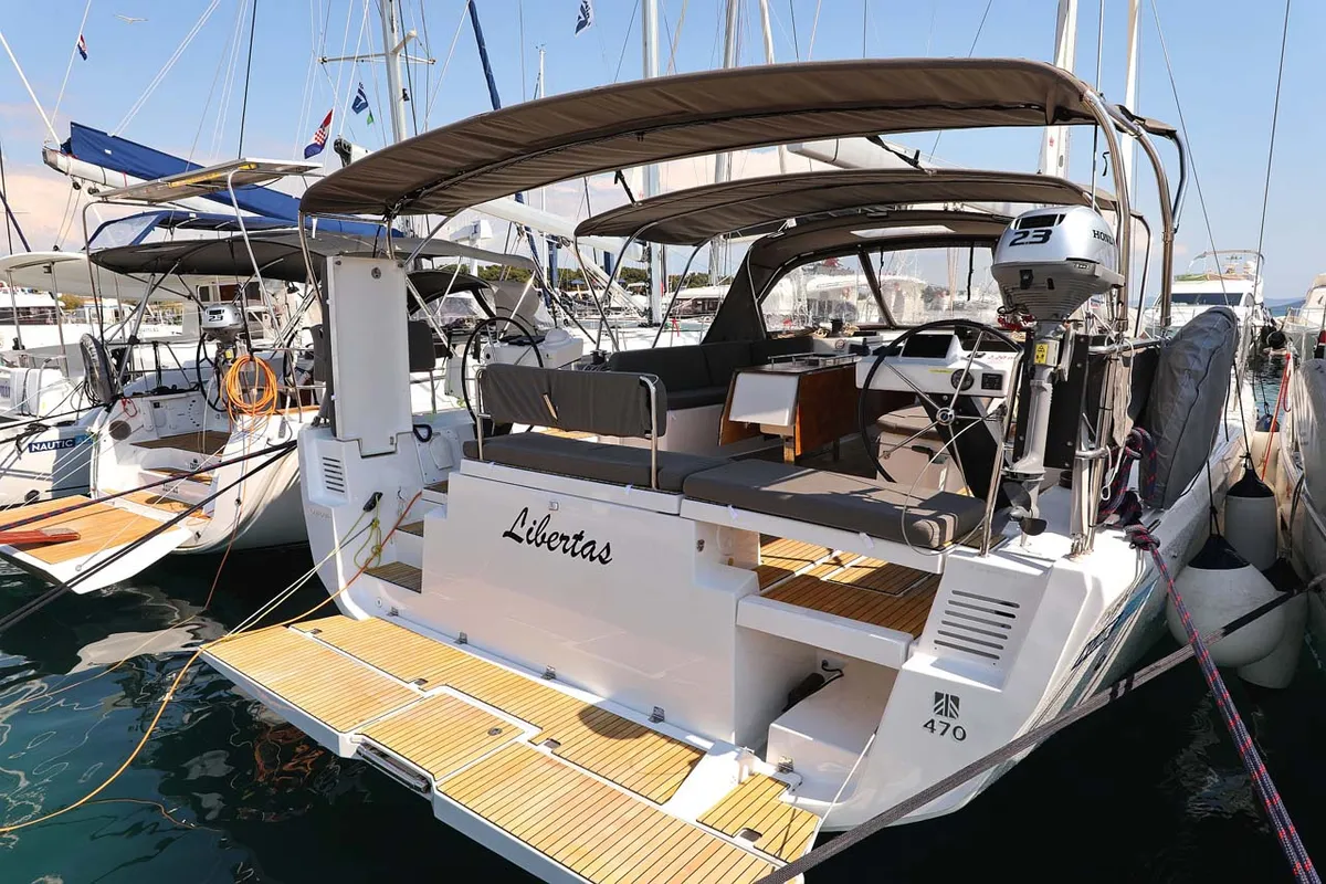 Cockpit of Libertas, a Dufour 470 sailboat at Murter, Croatia