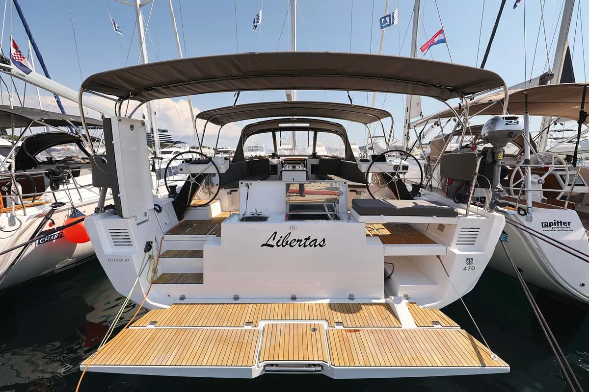 Cockpit of Libertas, a Dufour 470 sailboat at Murter, Croatia