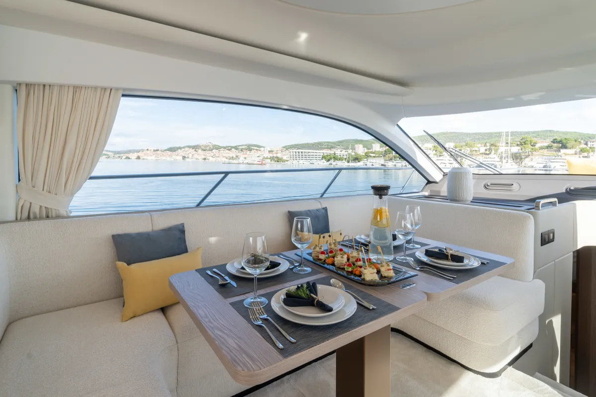 Salon of NALU, a Azimut 53 Fly motorboat at Grad Šibenik, Croatia