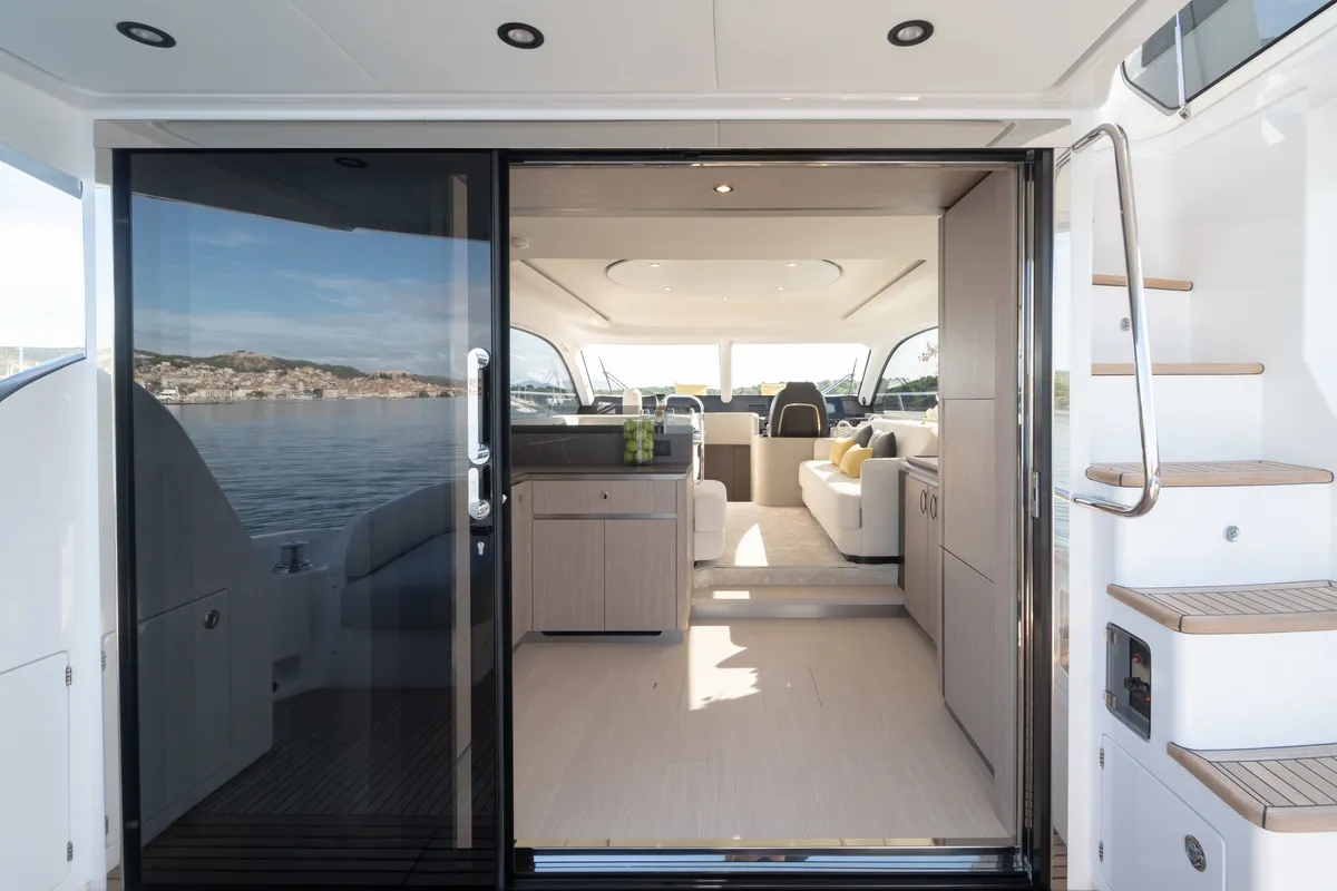 Deck of NALU, a Azimut 53 Fly motorboat at Grad Šibenik, Croatia