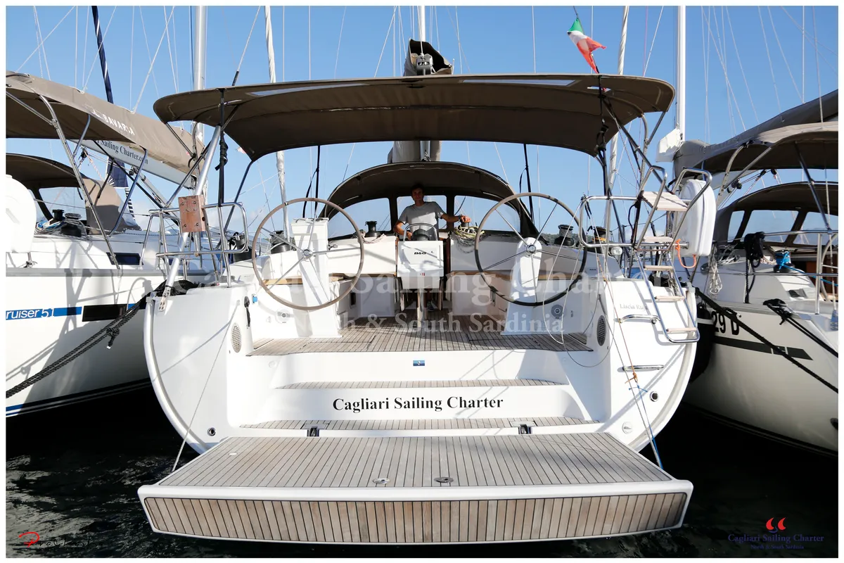 Cockpit of Liscia Ruja, a Bavaria Cruiser 51 sailboat at Figari/Golfo Aranci, Italy