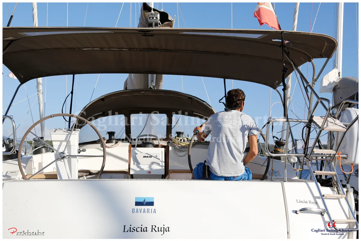 Cockpit of Liscia Ruja, a Bavaria Cruiser 51 sailboat at Figari/Golfo Aranci, Italy