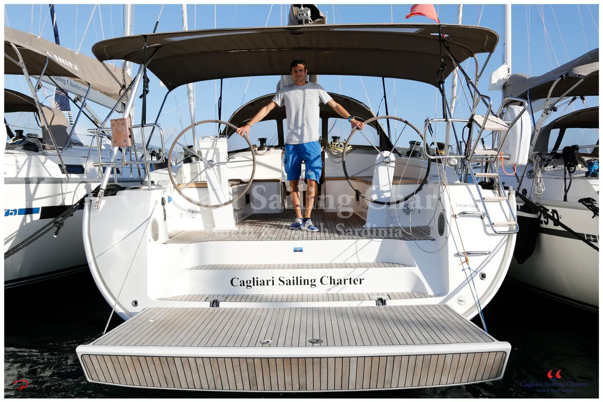 Cockpit of Liscia Ruja, a Bavaria Cruiser 51 sailboat at Figari/Golfo Aranci, Italy