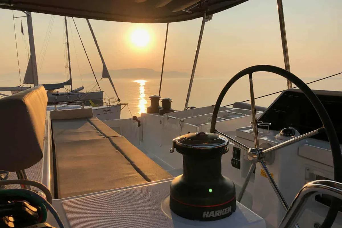 Cockpit of Lagoon 450F built 2019 Generator, A/C, Watermaker, a Lagoon 450 Fly catamaran at Municipal Unit of Lefkada, Greece