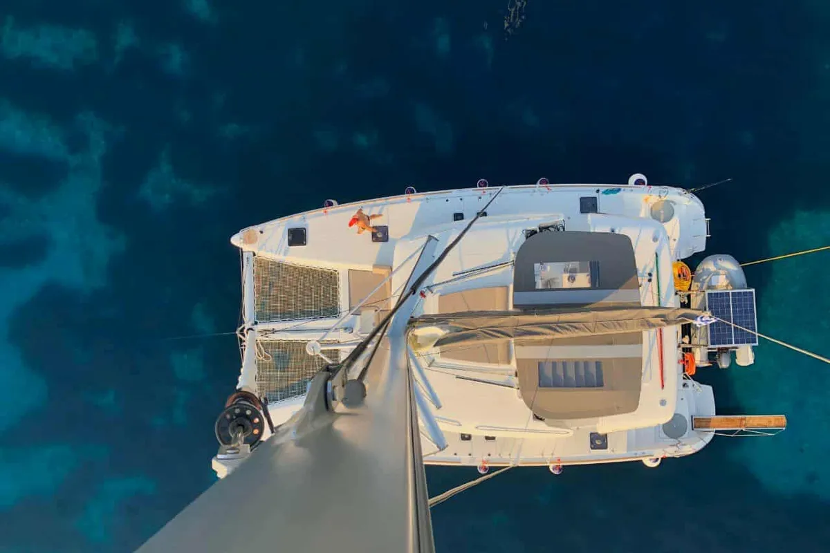 Exterior view of Lagoon 450F built 2019 Generator, A/C, Watermaker, a Lagoon 450 Fly catamaran at Municipal Unit of Lefkada,…