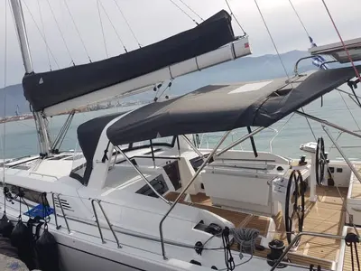 Cockpit of Anemos, a Beneteau Oceanis 46.1 sailboat at Volos, Greece