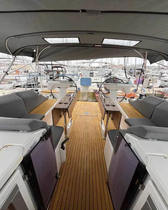 Cockpit of Anjumi, a Bavaria C46 Ocean sailboat at Grad Biograd na Moru, Croatia
