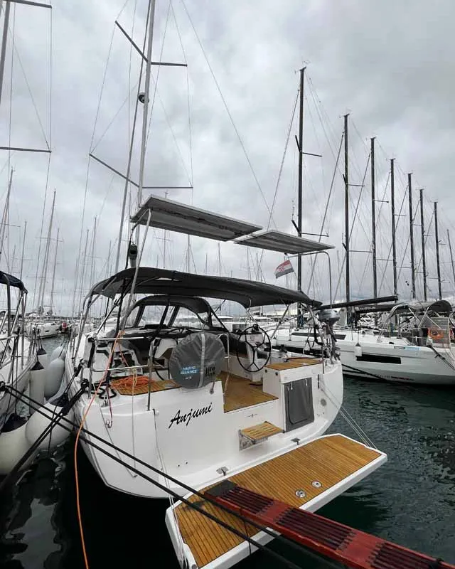 Exterior view of Anjumi, a Bavaria C46 Ocean sailboat at Grad Biograd na Moru, Croatia