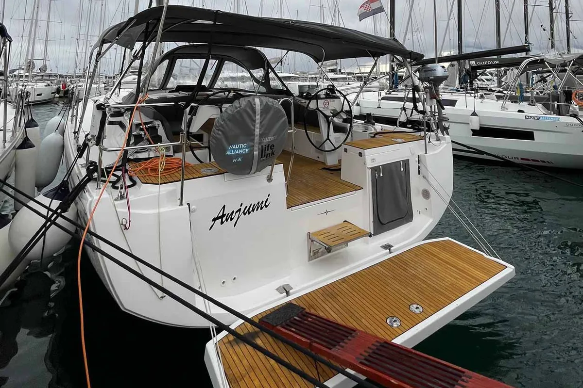 Exterior view of Anjumi, a Bavaria C46 Ocean sailboat at Grad Biograd na Moru, Croatia