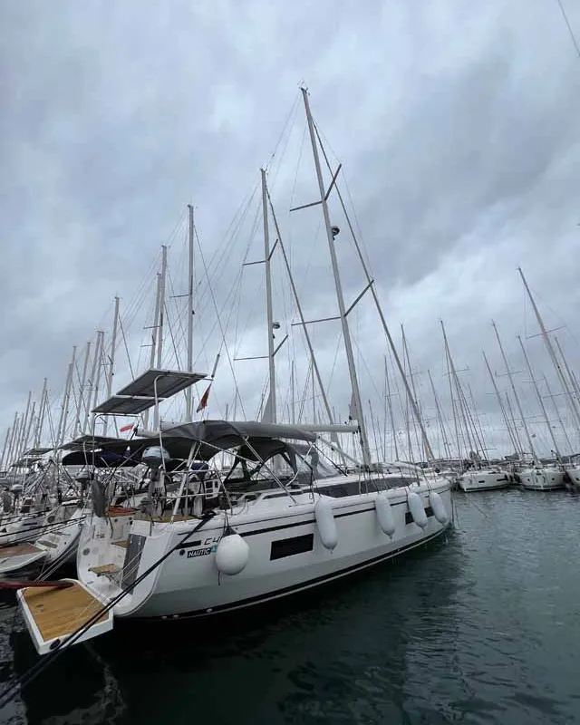 Exterior view of Anjumi, a Bavaria C46 Ocean sailboat at Grad Biograd na Moru, Croatia