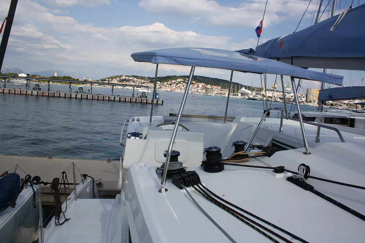 Deck of Mae Fee, a Fountaine Pajot Astrea 42 catamaran at Seget Donji, Croatia