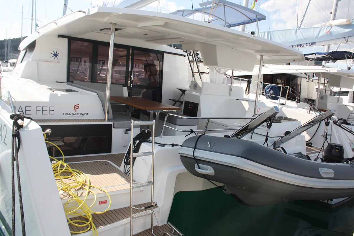 Exterior view of Mae Fee, a Fountaine Pajot Astrea 42 catamaran at Seget Donji, Croatia