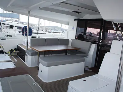 Deck of Mae Fee, a Fountaine Pajot Astrea 42 catamaran at Seget Donji, Croatia