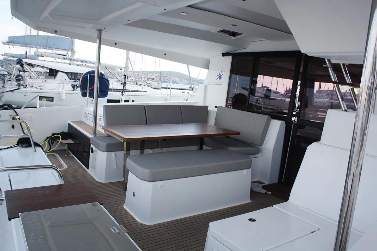 Deck of Mae Fee, a Fountaine Pajot Astrea 42 catamaran at Seget Donji, Croatia